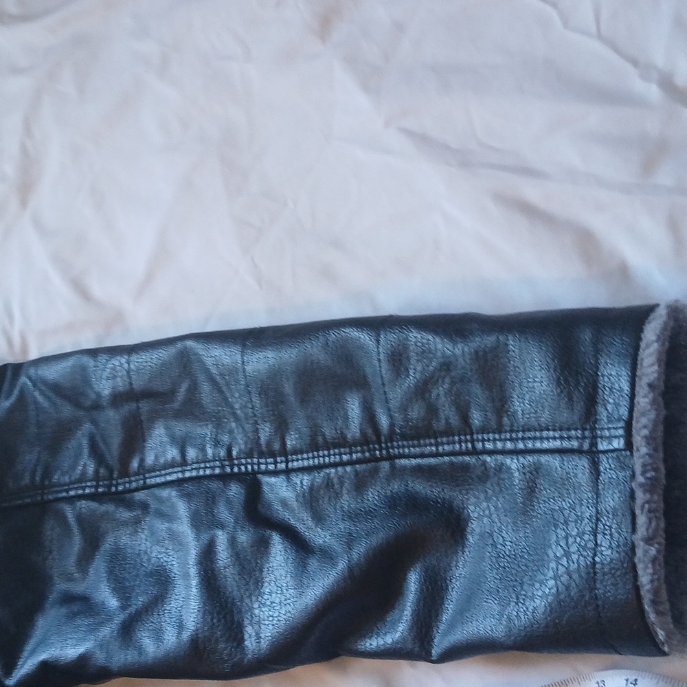 Men's Black Faux Leather Jacket with Gray Faux Fur Lining - Picture 12 of 12